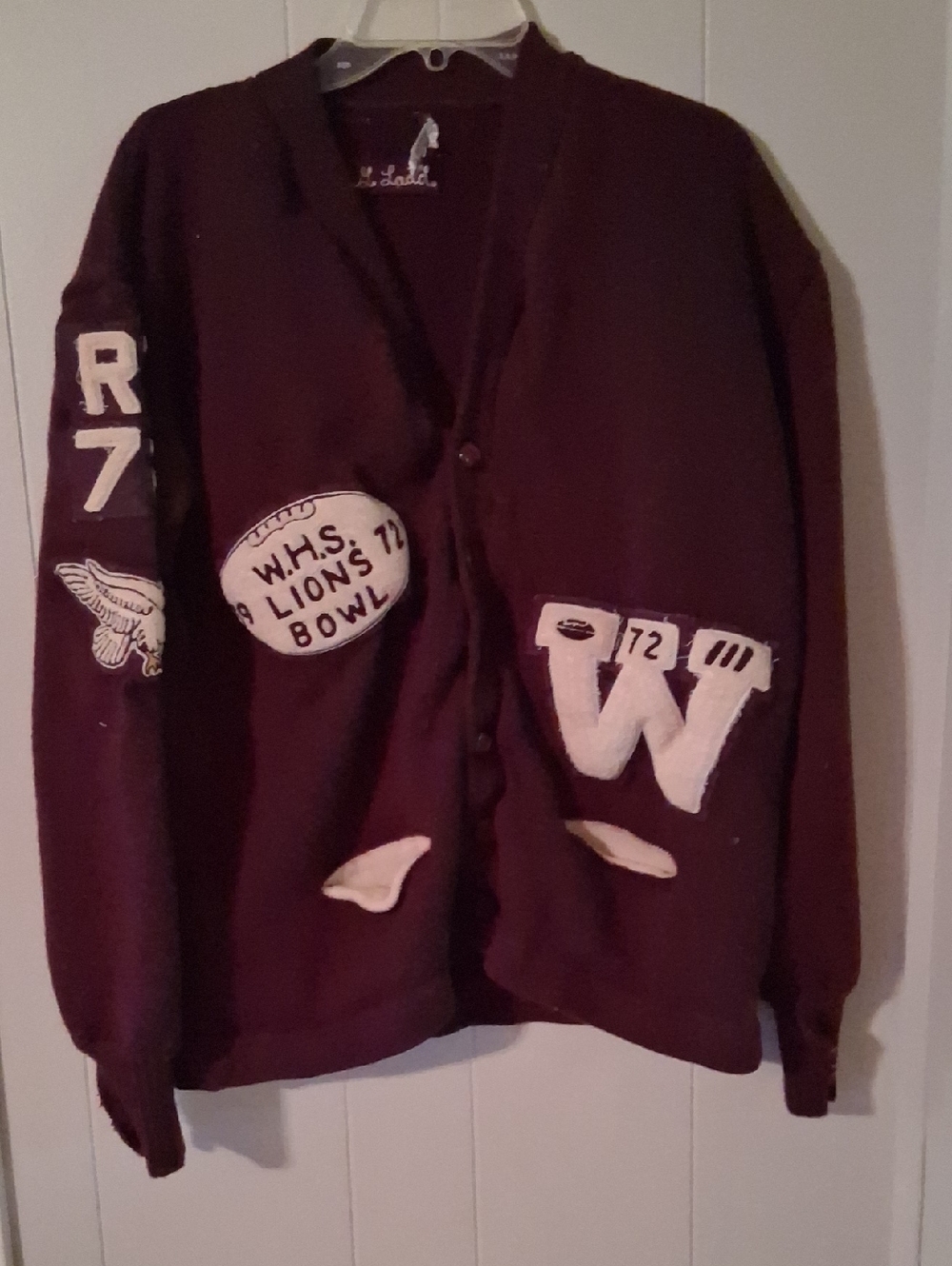 Vintage Maroon Letterman Bomber Jacket with White Patches